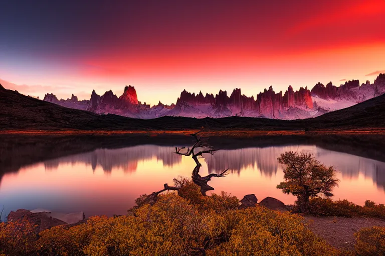 Image similar to A beautiful landscape photography of Patagonia mountains with a lake, a dead intricate tree in the foreground, sunset, dramatic lighting by Marc Adamus,