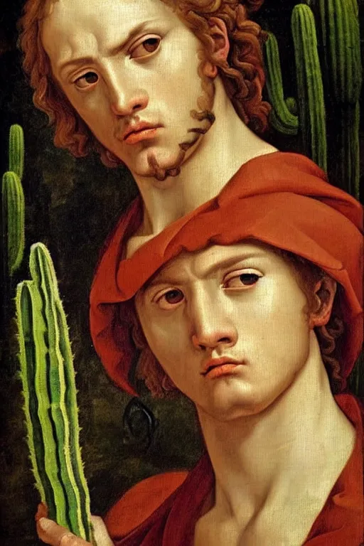 Image similar to renaissance painting of evil men, portrait, face closeup, emotions closeup, dressed in spartan armour, the beautiful garden with cactus everywhere, ultra detailed, art by guido reni style, vincenzo catena style