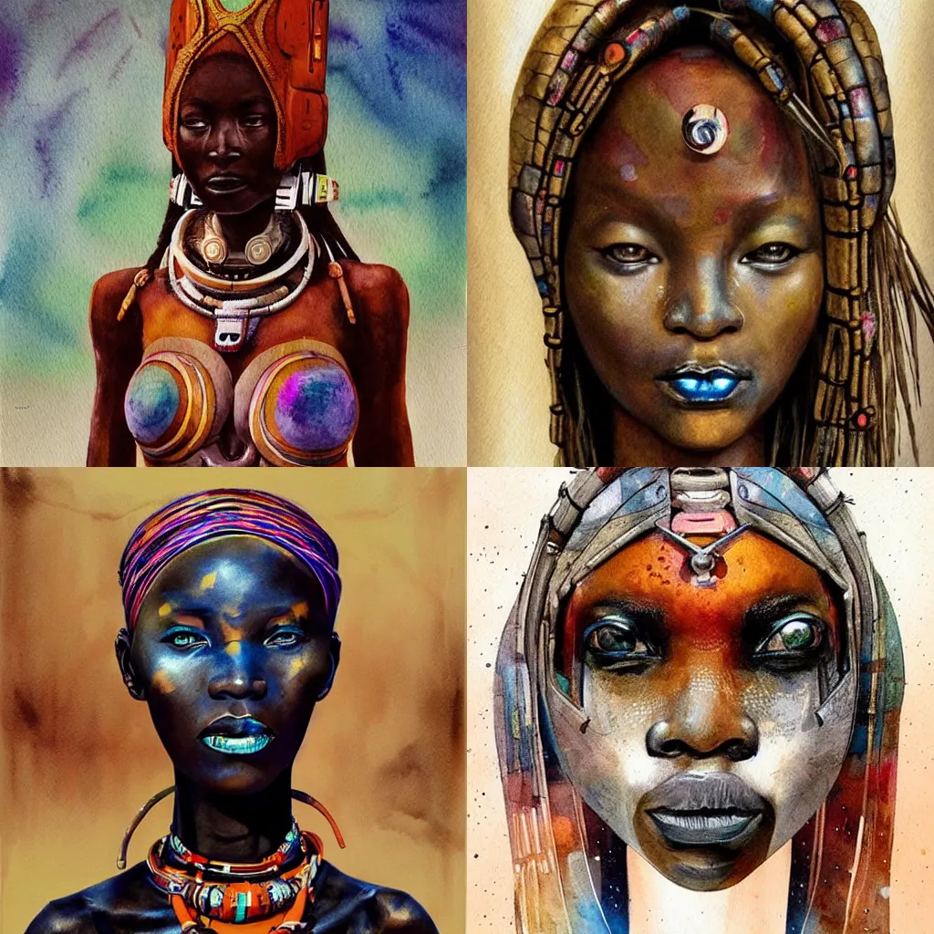 Prompt: beautiful futuristic himba woman wearing otjize, robotic arms, weightless in space, hyperrealistic, scifi, concept art, watercolor, portrait, dark, muted colors