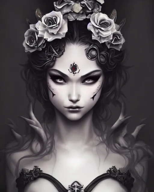 Image similar to Celestial mafia princess with flower face tattoos, fierce expression, dark fantasy portrait by Artgerm, artstation, noir, highly detailed, smoke, art nouveau, radiant light