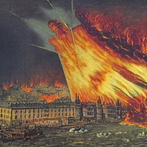 Prompt: the Hindenburg crashing in flames in colour on Victorian London