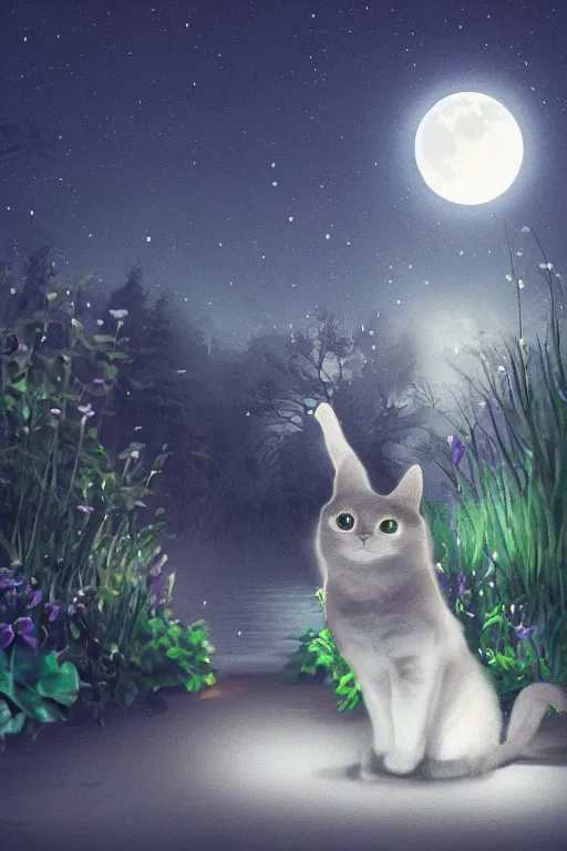 Image similar to a cute cat looks across at night, lantern light illuminates besides, photorealistic, dreamy moonlit nightscape by the garden, lake house, smooth, matte colors, trending on artstation, 4 k, 8 k