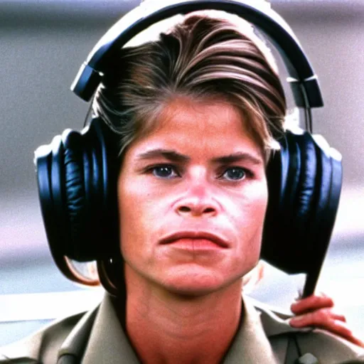 Image similar to linda hamilton wearing headphones in a military base, 1 9 8 7, movie still