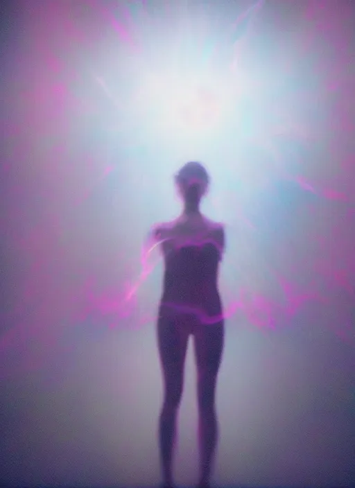 Prompt: a symmetrical female astral projection, liquid glowing aura, motion blur, film grain, cinematic lighting, experimental film, shot on 1 6 mm