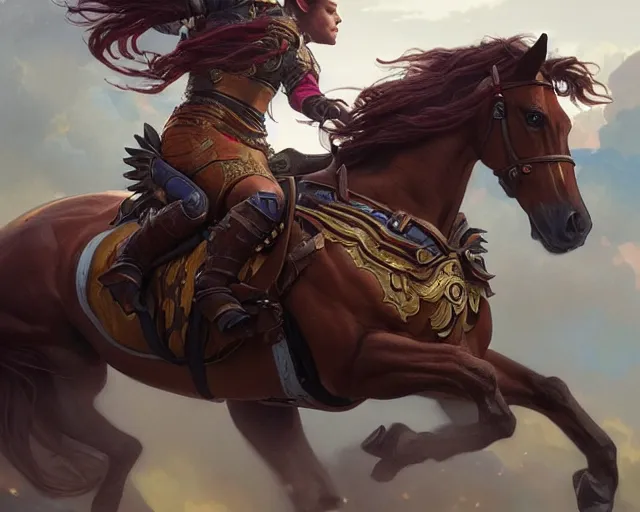 Image similar to horse race with customized horses, deep focus, d & d, fantasy, intricate, elegant, highly detailed, digital painting, artstation, concept art, matte, sharp focus, illustration, hearthstone, art by artgerm and greg rutkowski and alphonse mucha