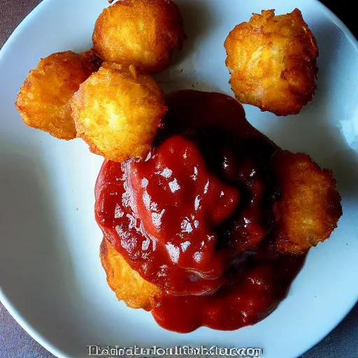 Image similar to food photo of channing tatum's face as tater tot on a plate with ketchup