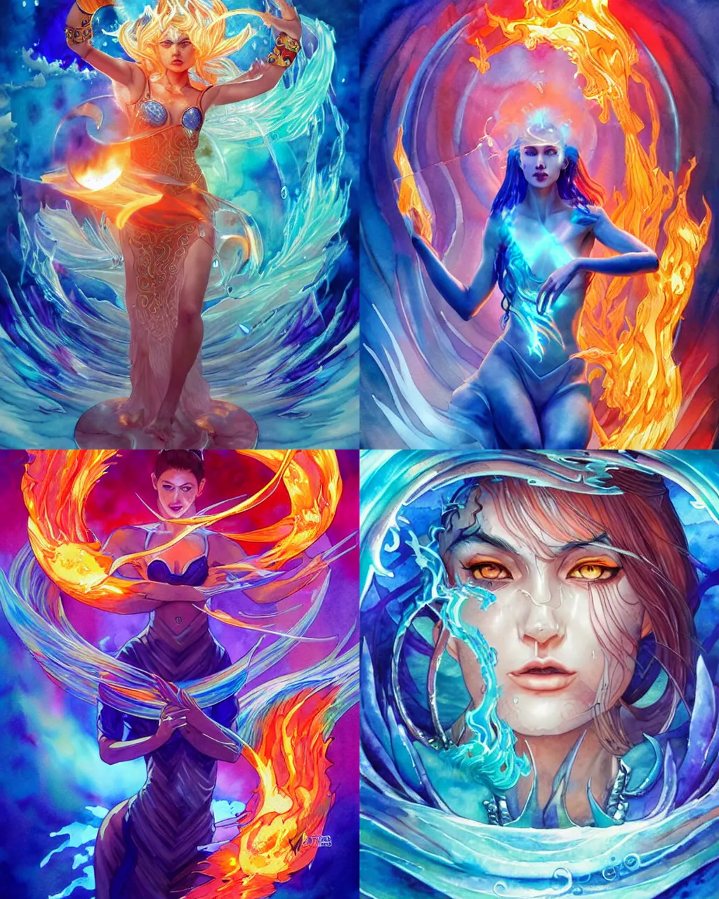 Prompt: fierce female waterbender sorceress in a vortex of watery flames, watercolor pop fantasy geometric art by wlop and tony sart and artgerm