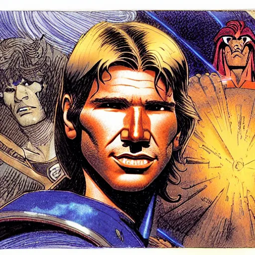 Image similar to a realistic, very beautiful and atmospheric portrait of young harrison ford as he - man character warrior wizard, prince of the universe, looking at the camera with an intelligent gaze by rebecca guay, michael kaluta, charles vess and jean moebius giraud