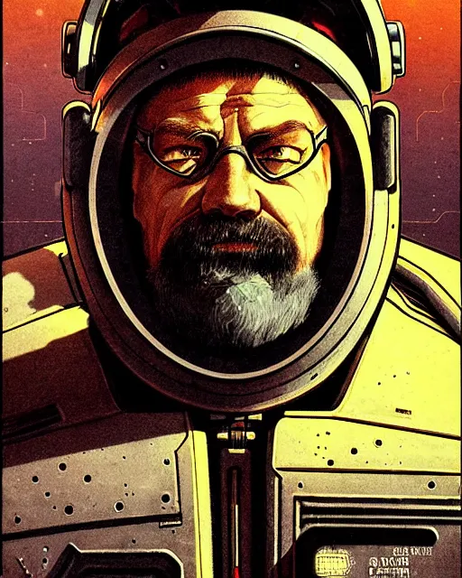 Image similar to torbjorn from overwatch, character portrait, portrait, close up, concept art, intricate details, highly detailed, vintage sci - fi poster, retro future, vintage sci - fi art, in the style of chris foss, rodger dean, moebius, michael whelan, and gustave dore