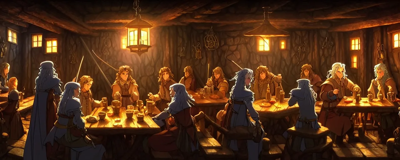 Prompt: A multidimensional cozy tavern, screenshot from medieval Lord of the rings anime hidden object game, cinematic lighting, epic composition, cartoon, animation, background art, post processing, 8K resolution, elegant, highly detailed, digital painting, artstation, concept art, matte, sharp focus, illustration, art by da Vinci, Artgerm and Greg Rutkowski and Alphonse Mucha and billy butcher