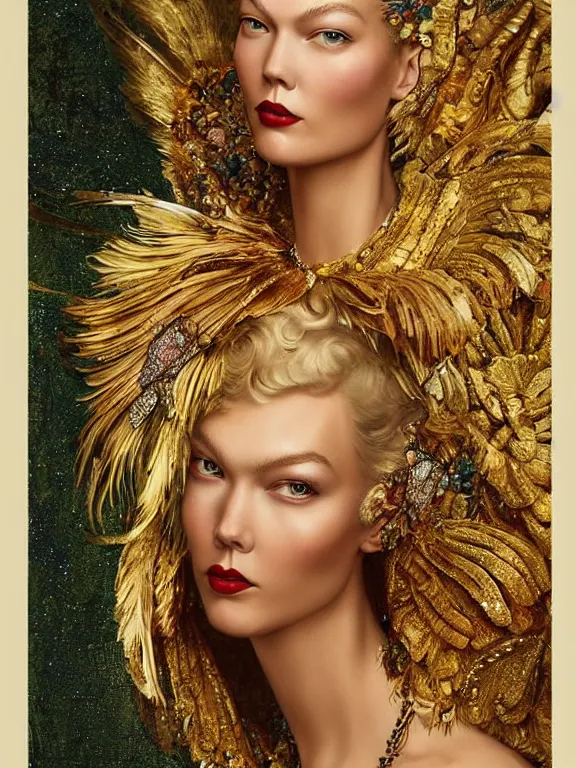 Image similar to an golden age portrait of Karlie Kloss,embellished sequined,feather-adorned,by tom bagshaw,Cedric Peyravernay,Peter Mohrbacher,William Holman Hunt,William Morris,Catherine Nolin,metropolis,Gucci,Dior,trending on pinterest，maximalist,glittering,feminine