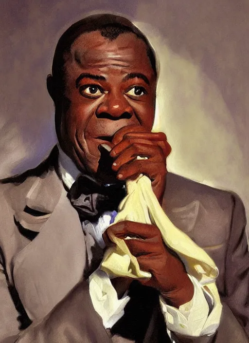 Image similar to a portrait of louis armstrong holding a white handkerchief, by john singer sargent, dramatic lighting, highly detailed digital painting