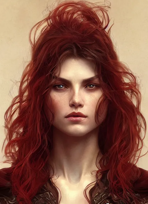 Image similar to vertical portrait of a ruggedly handsome female cleric, soft hair, close - up face, leather, witchy, d & d, fantasy, intricate, elegant, highly detailed, digital painting, artstation, concept art, smooth, sharp focus, illustration, art by artgerm and greg rutkowski and alphonse mucha, plain red background