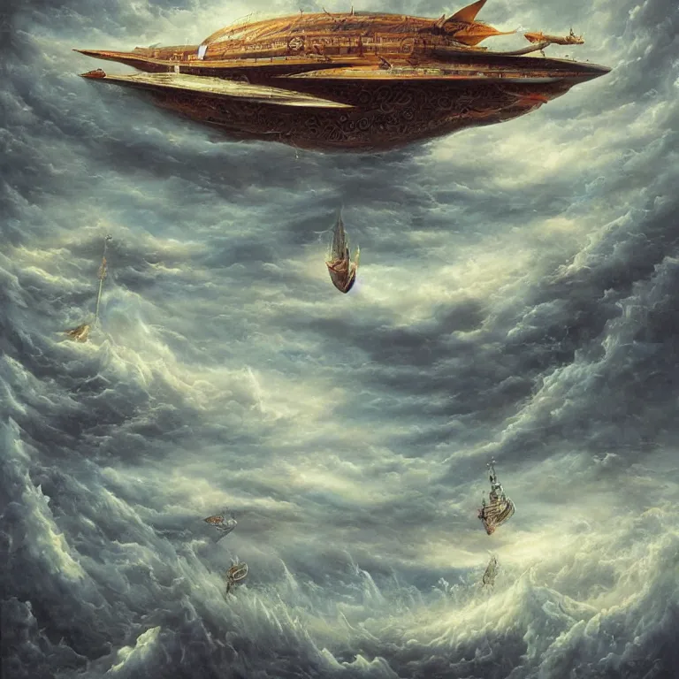 Prompt: flying ship by tomek setowski, surreal oil painting, dream like, highly detailed, symmetry, masterpiece