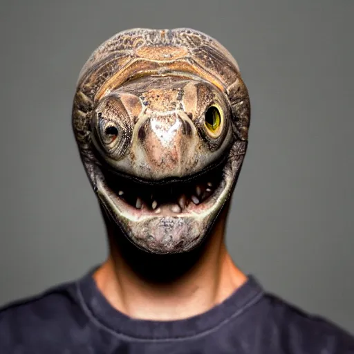 Image similar to turtle headed human, mugshot, sharp focus, smoke