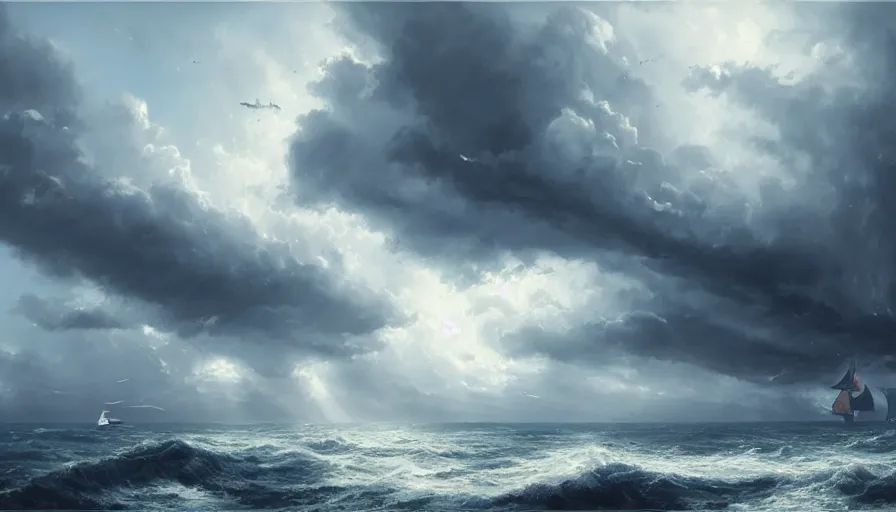 Image similar to ship from one piece sailing, dynamic sky, storm sky, with light piercing through stormy clouds, birds near the ship, rough sea, crepuscular rays, volumetric lighting, pixiv art, cgsociety, highly detailed, anime art, greg rutkowski, symmetrical, artgerm, wlop, anime art