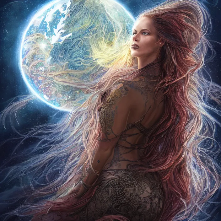 Image similar to beautiful celestial woman with long hair wrapping downward around earth seen for space, hyper-detailed, smooth, sharp focus, depth map, digital painting, apocalyptic art, fantasy dark art, 4k ultra hd, cinematic