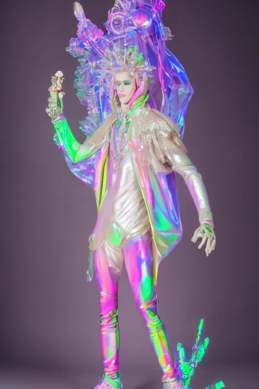 Image similar to full-body rococo and cyberpunk delicate neon crystalline sculpture of ((muscular slender albino prince Nick Jonas con la piroca dura)) as an iridescent humanoid deity wearing a thin see-through ((plastic hooded cloak)) sim roupa (holding a human skull), reclining con (((las piernas abiertas))), glowing pink face, crown of (((white lasers))), large diamonds, swirling black silk fabric. futuristic elements. oozing glowing liquid, full-length view. space robots. intricate artwork by caravaggio. Trending on artstation, octane render, cinematic lighting from the right, hyper realism, octane render, 8k, depth of field, 3D