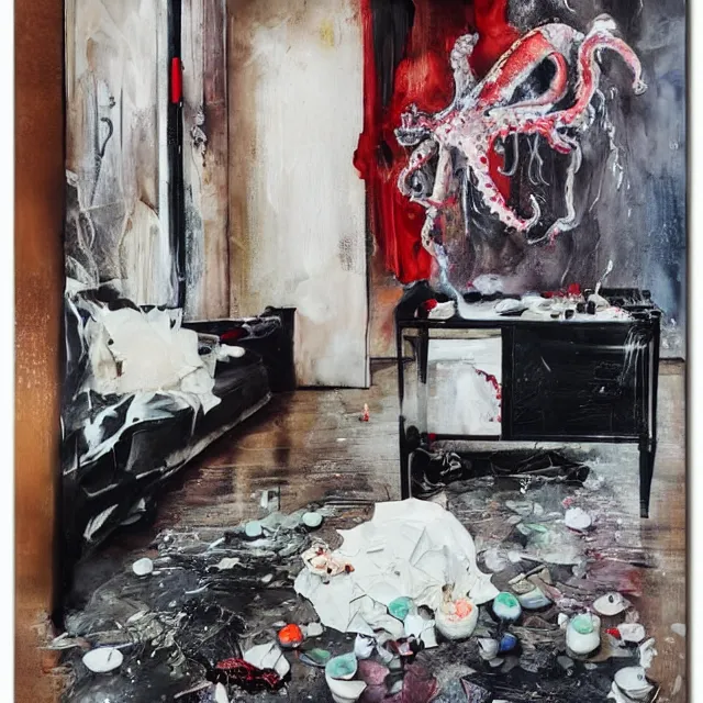 Image similar to a female artist's apartment, sensual portrait of a woman sleeping, cracked handmade pottery vase, torn paper smouldering smoke, candles, white flowers on the floor, puddle of water, octopus, squashed berries, neo - expressionism, surrealism, acrylic and spray paint and oilstick on canvas