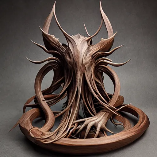 Prompt: angelarium, illithid, cthulhu, wooden sculpture by ellen jewett