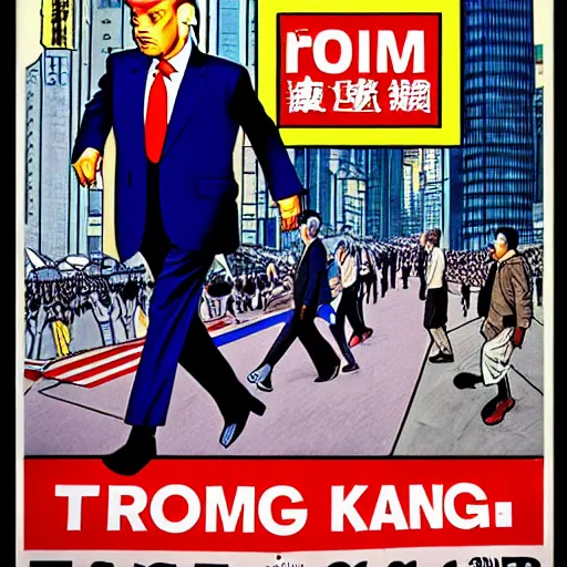 Image similar to glossy old advertising poster, donald trump walking through crowded hong kong street, vendors, drawn comic by junji ito, pastels, gradient