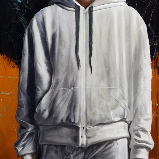 Image similar to a full body lookbook portrait of modern - day jesus wearing virgil abloh off - white menswear and sneaker collection by nicola samori, hat and hoodie, detailed, oil painting, hyper - realistic, 8 k, off - white collection