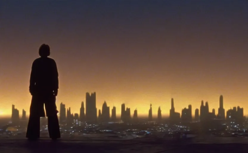 Image similar to iconic wide cinematic screen shot of luke skywalker downtrodden standing with a view of coruscant at sunset, from the thrilling scene from the 1 9 9 0 s sci fi film directed by stanley kubrick, moody cinematography, foggy volumetric lighting, hyper detailed scene, anamorphic lenses 2 4 mm, lens flare, award winning