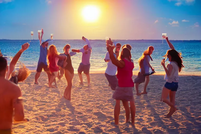 Prompt: everyone dancing at a party at the beach, drinking, food, bar, music, resort, praising the sun, golden hour, cinematic, atmospheric, 8k resolution, Hyperrealistic