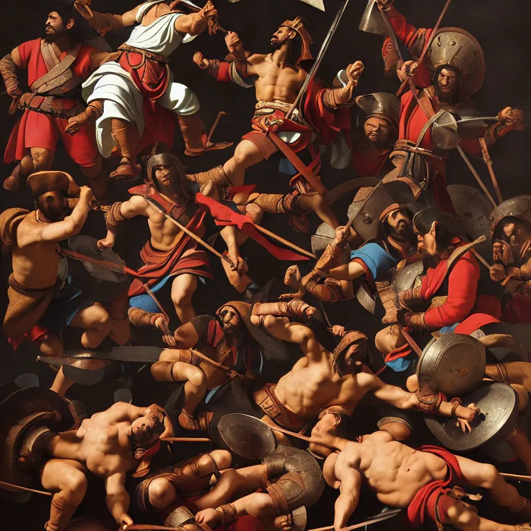 Prompt: ,The Spanish conquistadors fighting the Aztecs, dreamlike atmosphere, symmetrical baroque painting, perfect composition, amazingly detailed octane rendering, beautiful, detailed, intricate, trending on Artstation, 8K fine art photography, photorealistic, natural volumetric cinematic perfect light soft, chiaroscuro, award-winning photography, masterpiece, Raphael, Caravaggio, Greg Rutkowski, Beeple