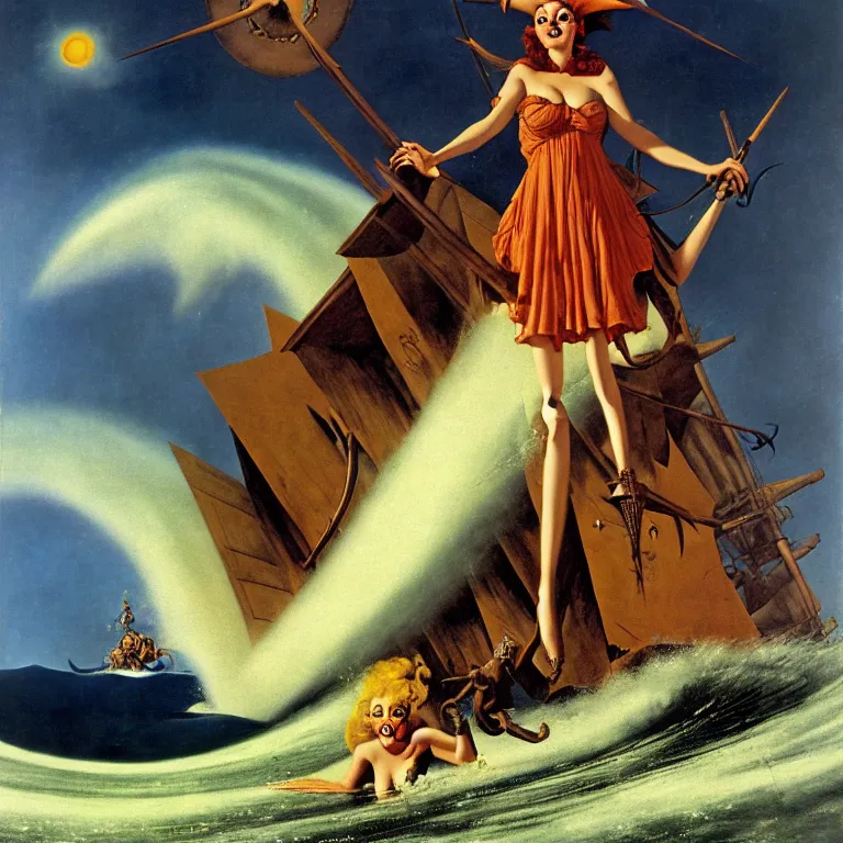 Prompt: a pirate witch summoning a giant wave by remedios varo and art frahm and earl moran and fritz willis and gil elvgren