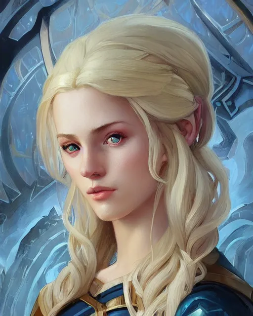 Image similar to '' Portrait of Beautiful blonde Slavic woman, league of legends, LOL, fantasy, d&d, digital painting, artstation, concept art, sharp focus, illustration, art by greg rutkowski and alphonse mucha ''