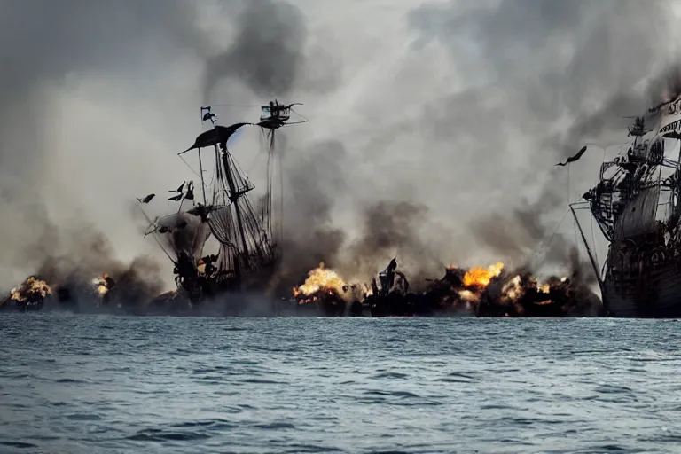 Image similar to closeup pirate crew running down beach as pirate ship fires canons, sand explosion 2 0 0 mm by emmanuel lubezki