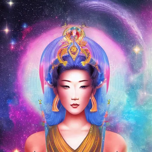 Image similar to a beautiful Asian sky goddess, sharing her cosmic magic with the world