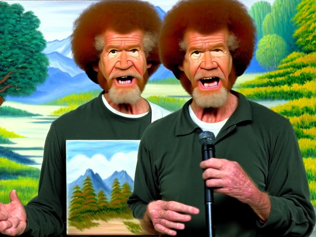 Image similar to old!!!! bob ross is sad and angry and yelling!!! at a huge painting of nature by bob ross