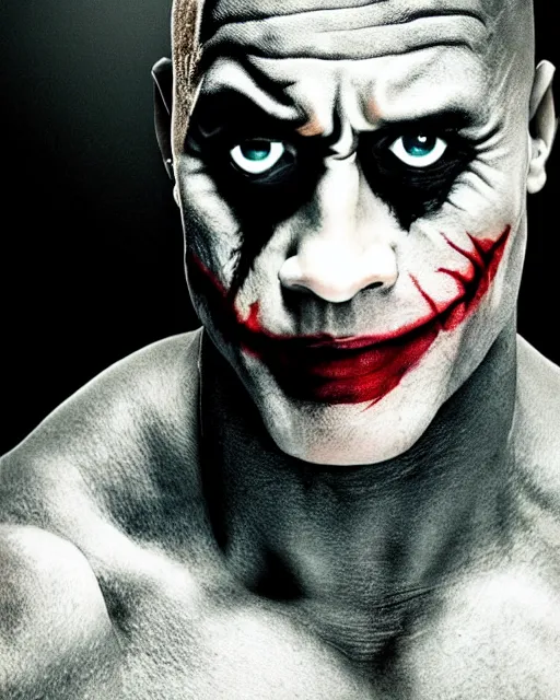 Image similar to Film still close-up shot of Dwayne The Rock Johnson as The Joker from the movie The Dark Knight. Cinematic, Photographic, photography