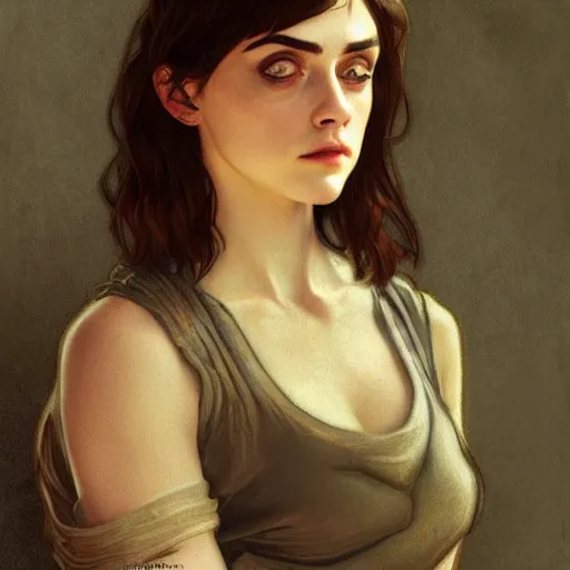 Prompt: portrait of a combination of Alexandra Daddario, Maisie Williams, Krysten Ritter, Anne Hathaway and Natalia Dwyer Christina Ricci and Lily Collins by Alphonse Mucha, trending on artstation