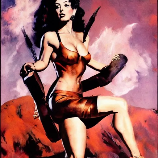 Image similar to epic wide angle full body portrait of Betty Paige, by frank Frazetta