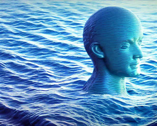 Prompt: a sculpture of a human head in space on the surface of the ocean, in the style of chad knight, hyper - realistic, very detailed, realistic water, ray tracing, 8 k resolution, long - shot, sharp focus, low angle, 8 5 mm photograph, wide lens