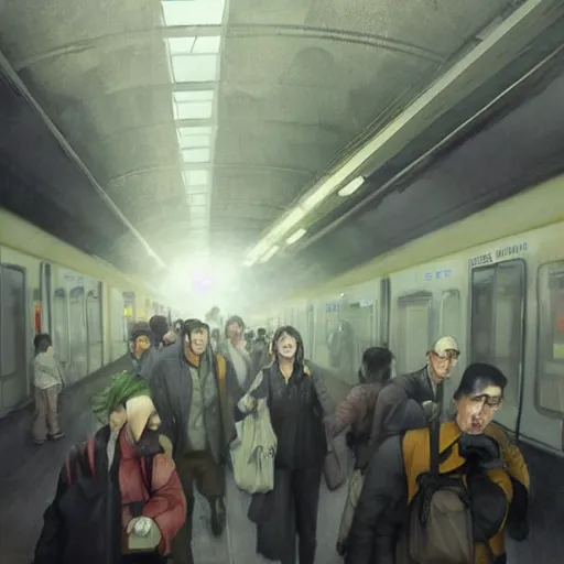 Image similar to commuters in the rush hour at the platform of an underground santiago metro station in direction to nowhere, by raoul ruiz, esao andrews and greg rutkowski