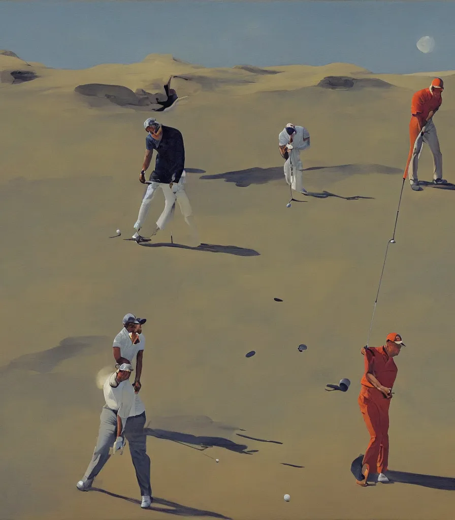Prompt: a painting of Tiger Woods and Jack Nicklaus playing golf on mars gazing into a universe full of nebular in the aesthetic of Shaun Tan and Edward Hopper