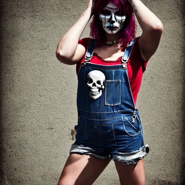 Image similar to fully body pose, photo of a very beautiful!! grungy skull woman, torn overalls, short shorts, fishnets, combat boots, 8 k, hdr, smooth, sharp focus, high resolution, award - winning photo, trending on artstation, dslr, 5 0 mm