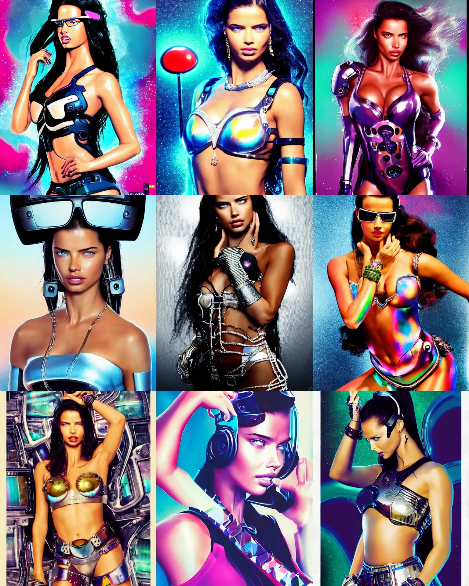 Prompt: BOTS movie poster body portrait of adriana lima :: as a pearlescent college teen cyborg looking at the camera :: artsy photoshoot, hair worn up, elaborate earrings, futuristic google glass visor, bold rave outfit, :: trending on artstation, morning, anime, ue5, sci-fi, :: nixri, Greg rutkowski, beeple, ::