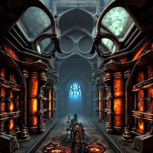 Image similar to steam necropolis, memento mori, gothic, neo - gothic, art nouveau, hyperdetailed copper patina medieval icon, stefan morrell, philippe druillet, ralph mcquarrie, concept art, steampunk, unreal engine, detailed intricate environment, octane render, moody atmospherics, volumetric lighting, ultrasharp, ominous, otherworldly