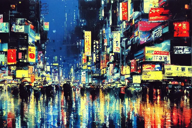 Image similar to tokyo at night, raining, bright lights, painting by John Berkey