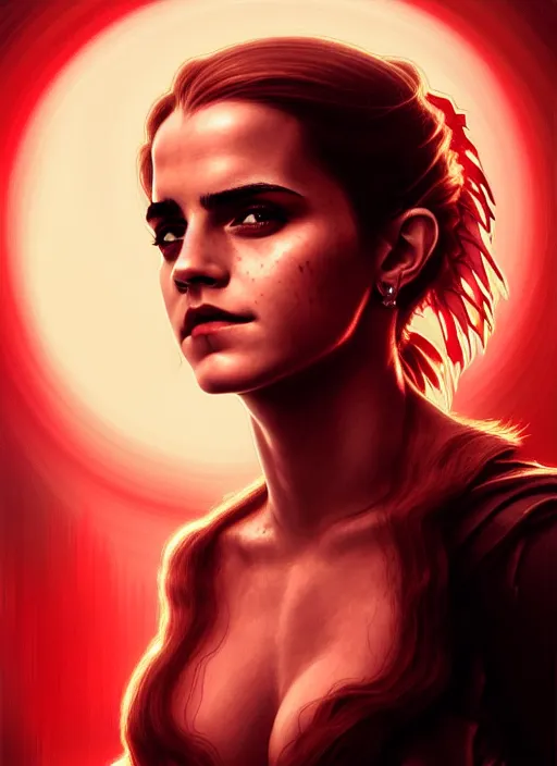 Image similar to portrait of emma watson as demon, red skin, batwings, hell, intricate, headshot, highly detailed, digital painting, artstation, concept art, sharp focus, cinematic lighting, illustration, art by artgerm and greg rutkowski, alphonse mucha, cgsociety