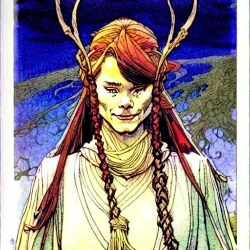 Prompt: a beautiful portrait of sanna!!!!! marin!!!!!, the young female prime minister of finland as a druidic wizard by alan lee, rebecca guay, michael kaluta, charles vess and jean moebius giraud