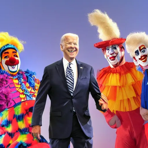 Image similar to A grand circus with Joe Biden in the middle wearing clown costume and colorful clown makeup