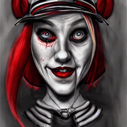 Image similar to surrealism grunge cartoon portrait sketch of Harley Quinn, by michael karcz, loony toons style, freddy krueger style, horror theme, detailed, elegant, intricate