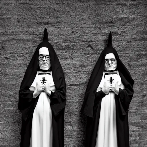 Image similar to award winning photo Floating twin nuns wearing pentgram necklace, Very long arms, in a sanctuary, eerie, frightening —width 1024 —height 1024