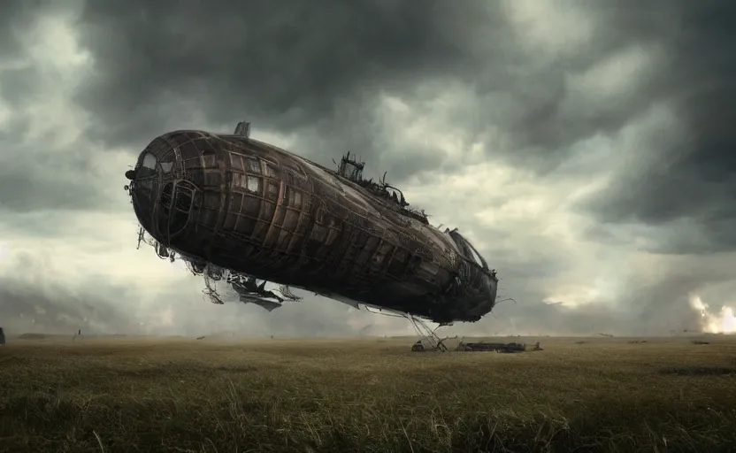 Image similar to an immense steampunk airship crashed and burning in a field, thick black smoke billowing, turbulent storm clouds, dystopian, fog, sharp focus, octane render, imax